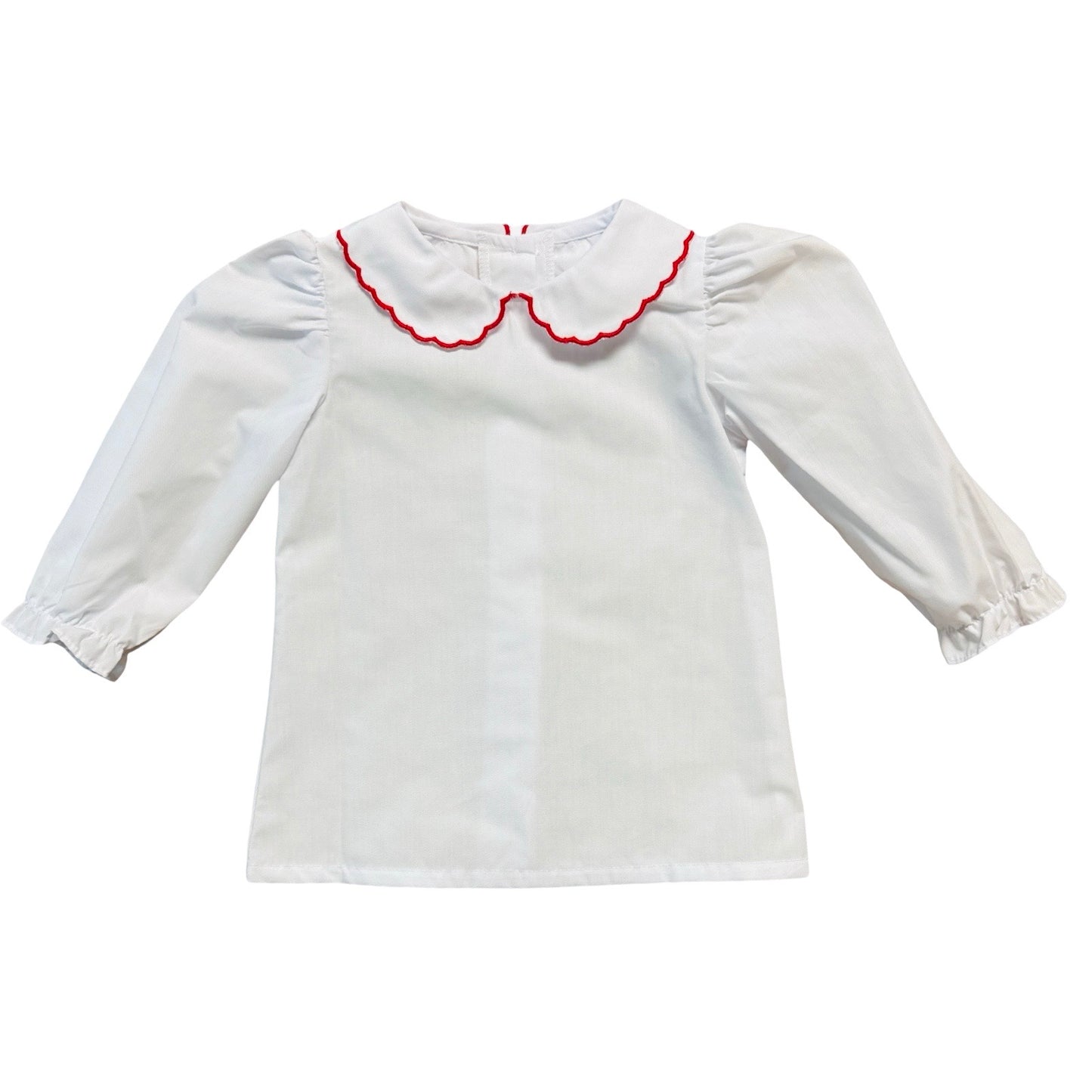 Kendall Red Scallop Trim Collar Long Sleeve White Broadcloth Blouse