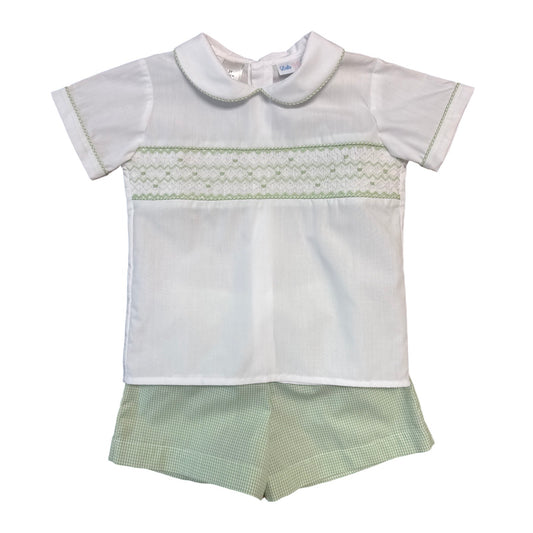 Blake Short Set, White & Green Smocking