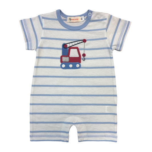 Boy Short Sleeve Romper, Blue Stripe Tow Truck