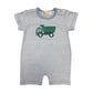 Boy's Short Sleeve Green Dump Truck Applique Blue Stripe Romper