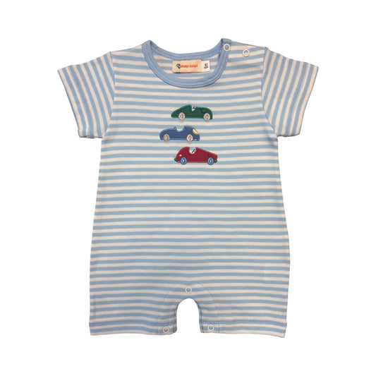 Boy's Short Sleeve 3 Car Applique Blue Stripe Romper