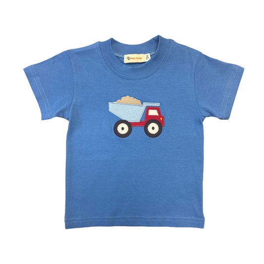 Boy's Short Sleeve Red Dump Truck Applique Medium Blue T-Shirt