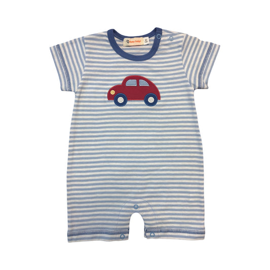 Boy's Short Sleeve Red VW Bug Car Applique Blue Stripe Romper