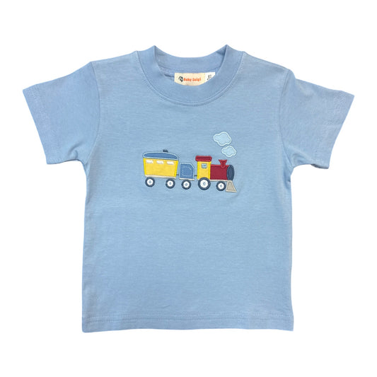 Boy Short Sleeve T-Shirt, Blue with Train Applique