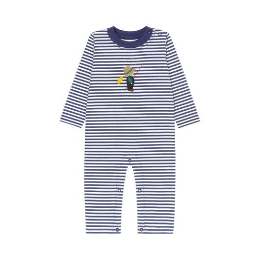 Long Sleeve Applique Striped Romper, Boy Fishing