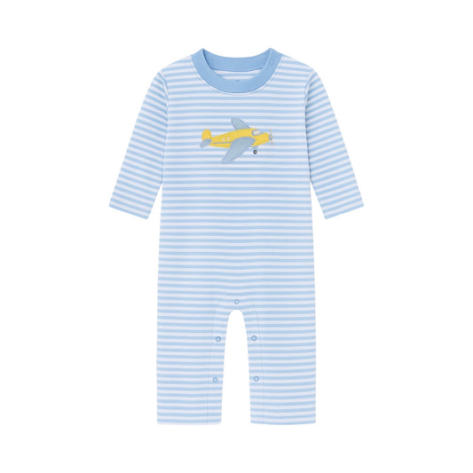 Long Sleeve Applique Striped Romper, Yellow Airplane