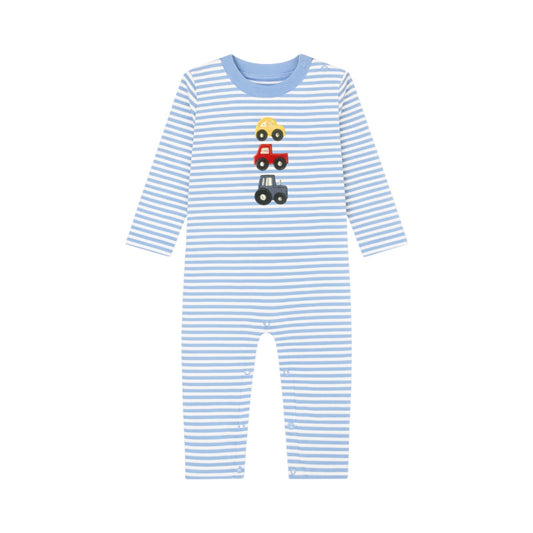 Long Sleeve Applique Striped Romper, Stacked Vehicles