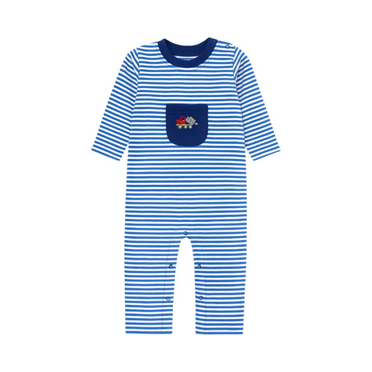 Long Sleeve Striped Pocket Romper, Dumptruck