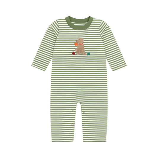 Long Sleeve Applique Striped Romper, Dog & Leaves