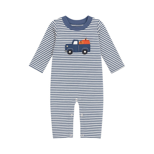 Long Sleeve Applique Striped Romper, Pumpkin Truck