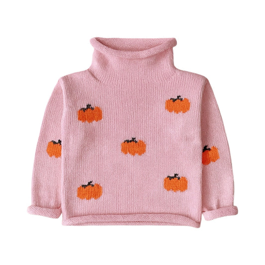 Girl's Pink All Over Pumpkins Rollneck Sweater