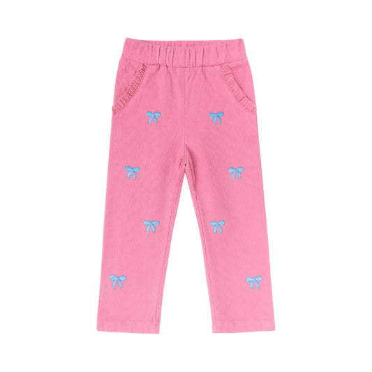 Embroidered Ruffle Corduroy Pocket Pants, Bow