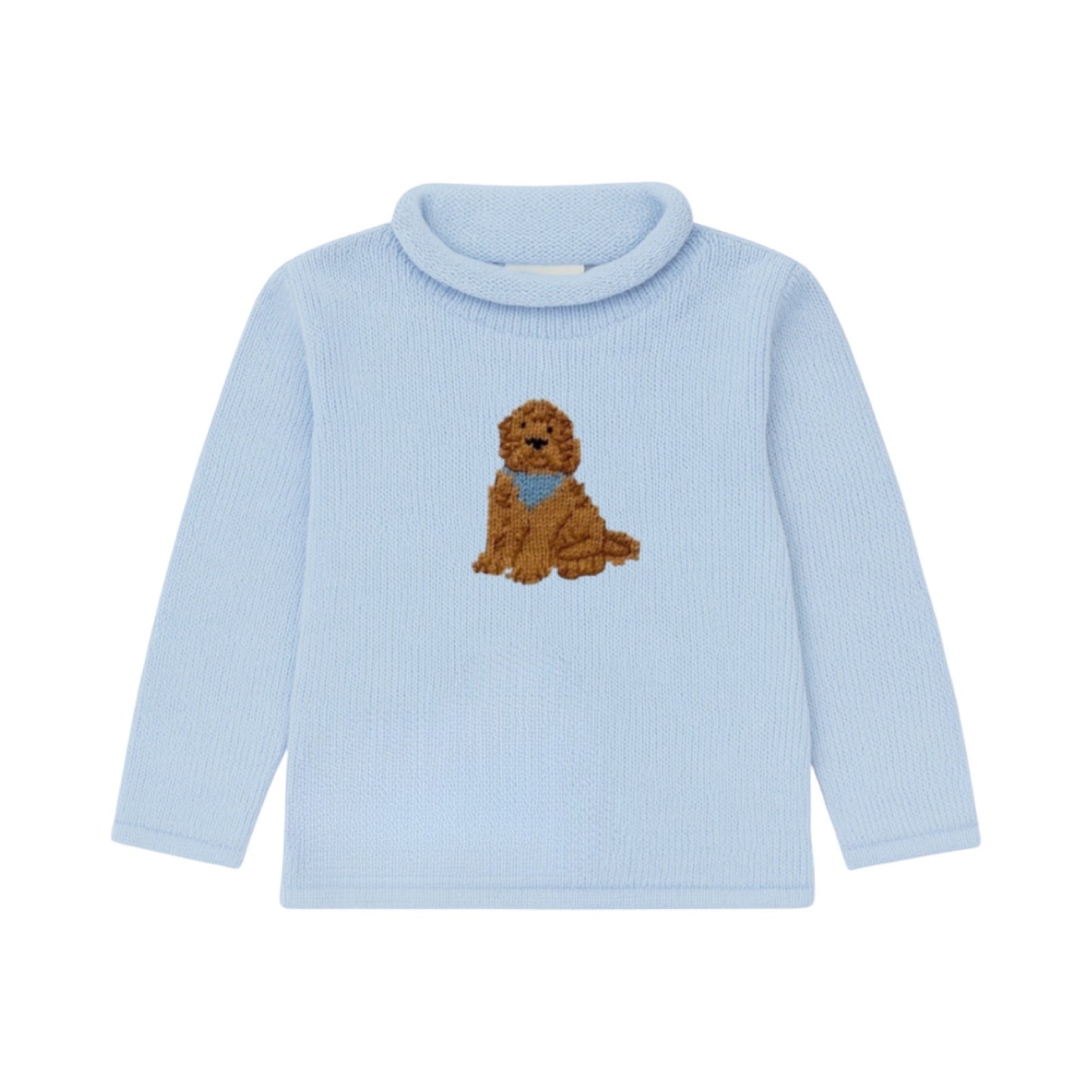 Rollneck Sky Blue Sweater, Goldendoodle with Bandana