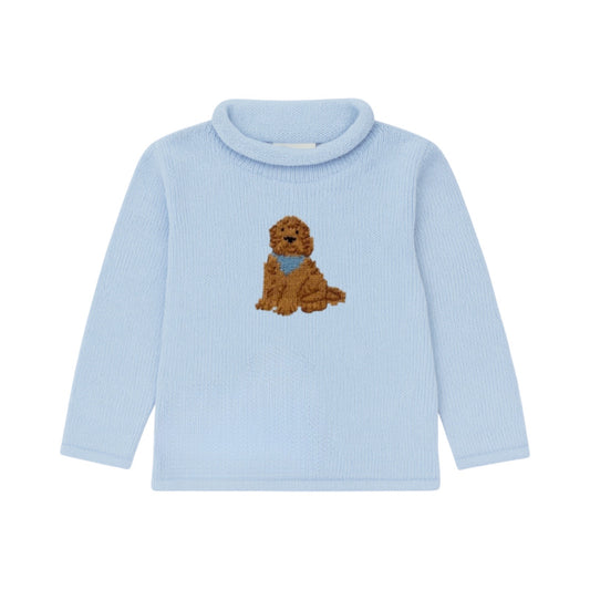 Rollneck Sky Blue Sweater, Goldendoodle with Bandana