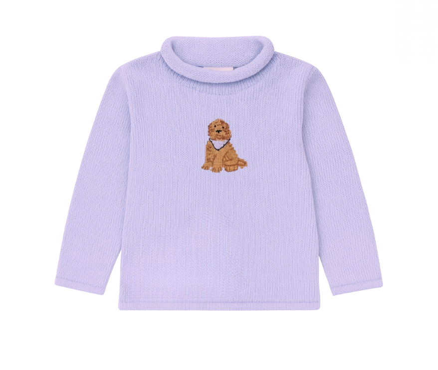 Rollneck Lavender Sweater, Goldendoodle with Bandana