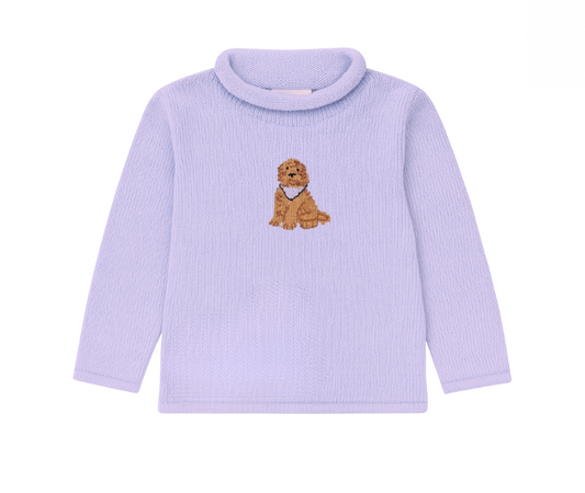 Rollneck Lavender Sweater, Goldendoodle with Bandana