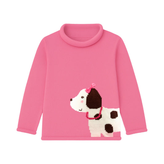 Rollneck Pink Sweater, Dog with Necklace & Bow