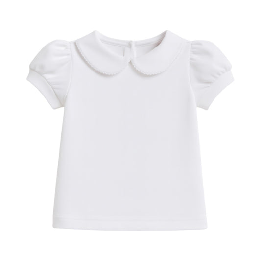 Girl Short Sleeve Collared Back Zip Shirt, White