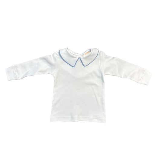 Boy's Long Sleeve Basic Knit Top, White with Sky Blue Piping