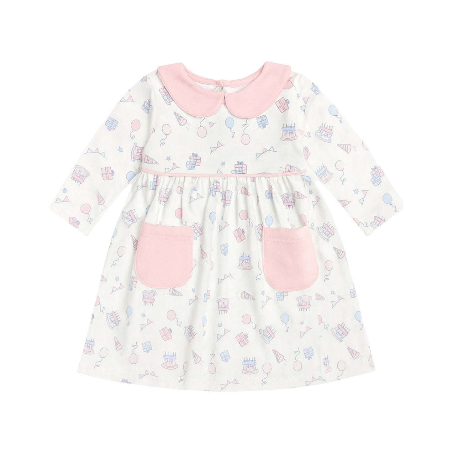 Long Sleeve Printed Collared Pocket Play Dress, Birthday