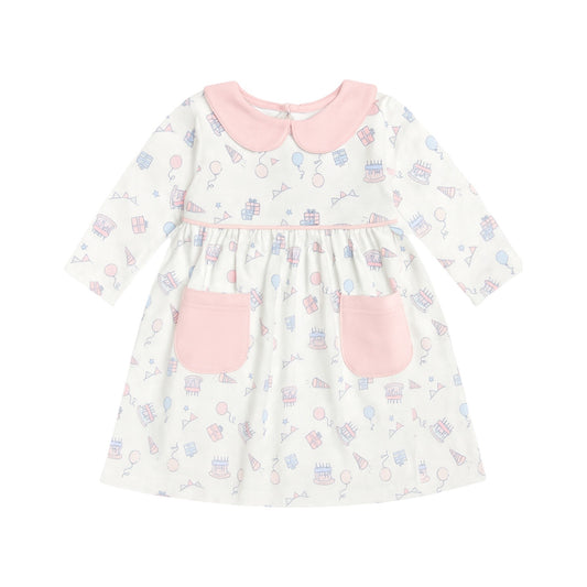 Long Sleeve Printed Collared Pocket Play Dress, Birthday