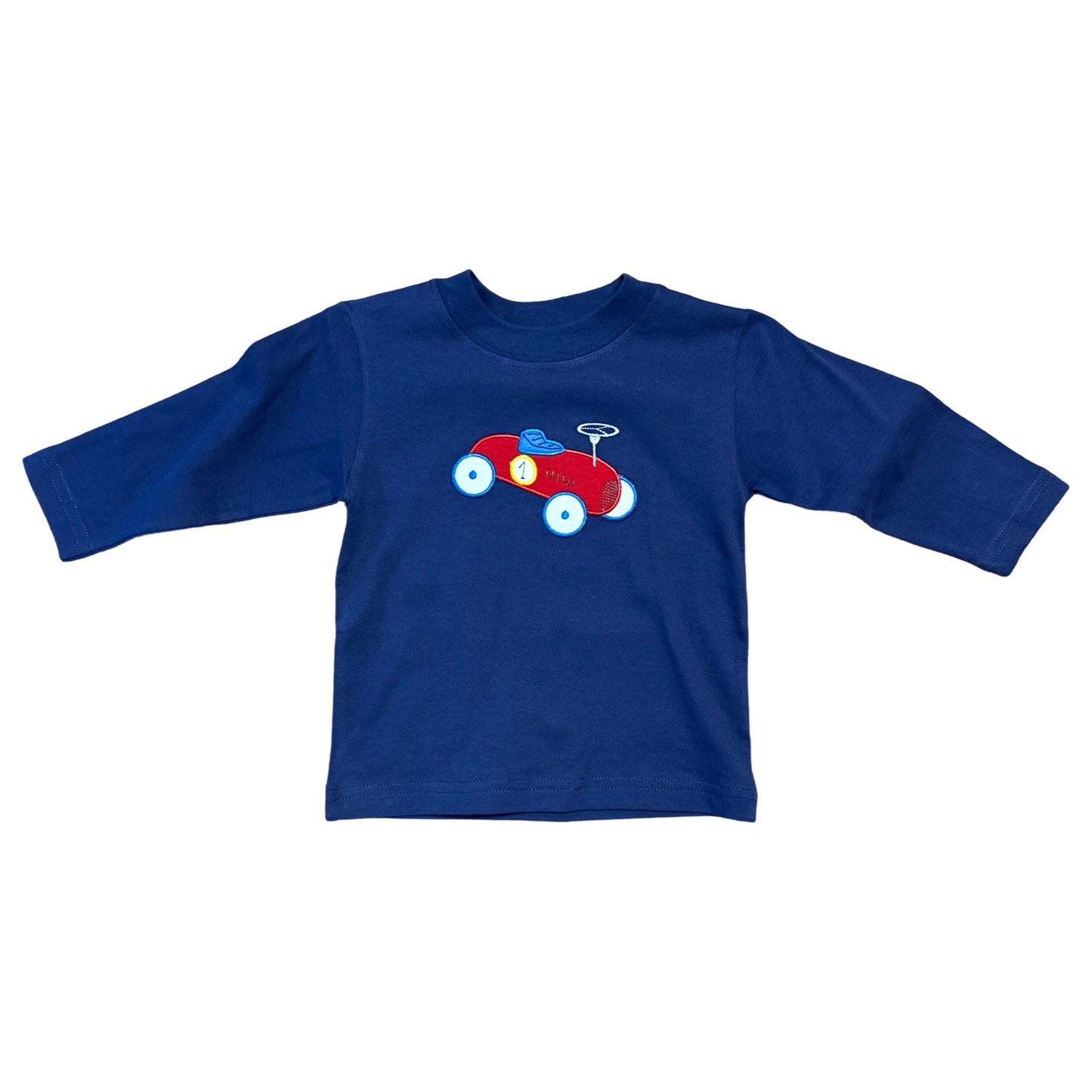 Boy's Long Sleeve Dark Royal Blue T-Shirt, Derby Race Car Applique