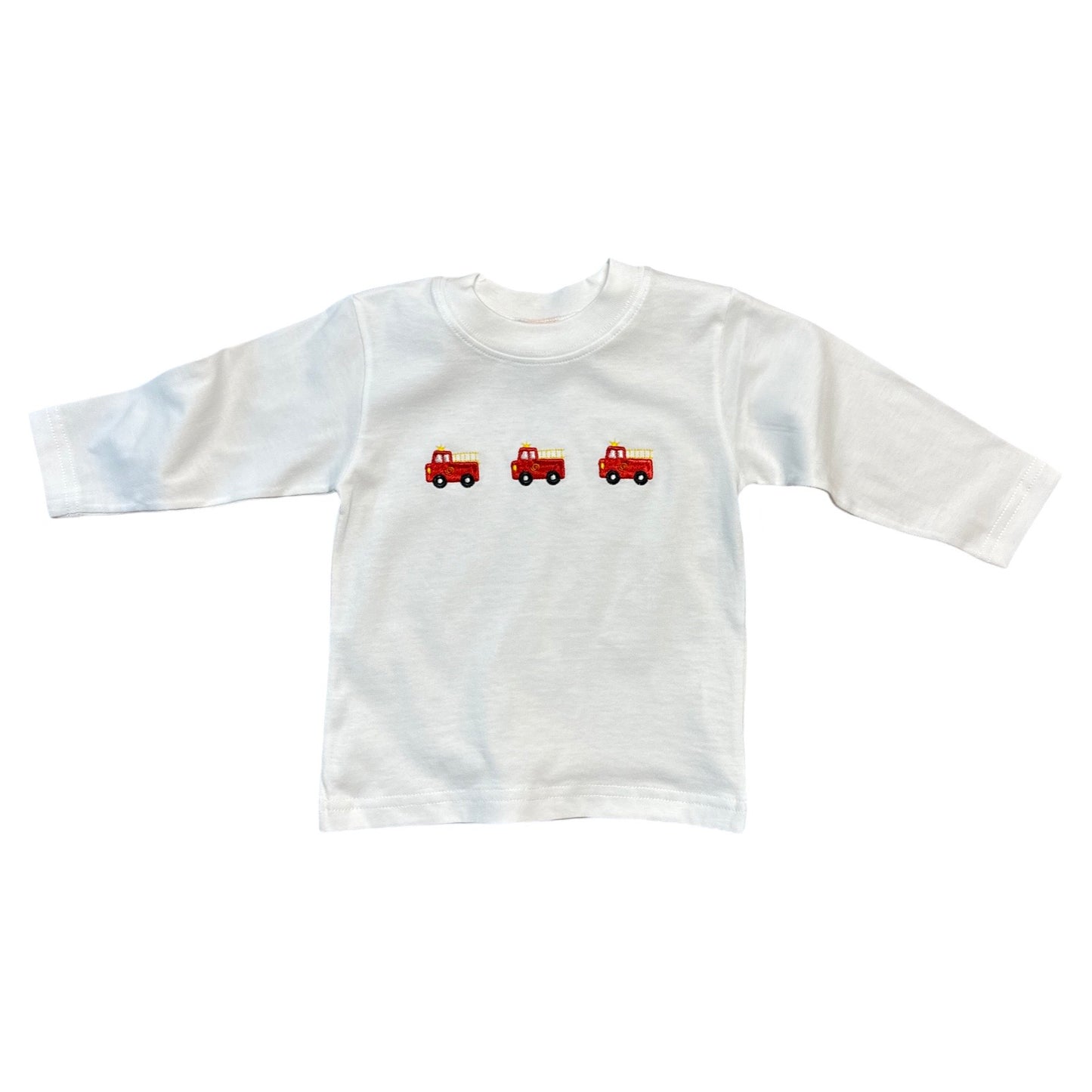 Boy's Long Sleeve White T-Shirt, 3 Embroidered Fire Trucks