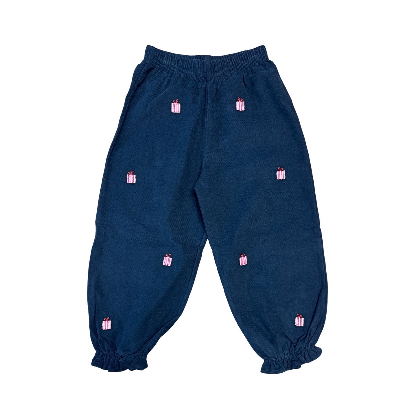 Girl's Corduroy Navy Cinched Ruffle Pants with Pink Present Embroidery