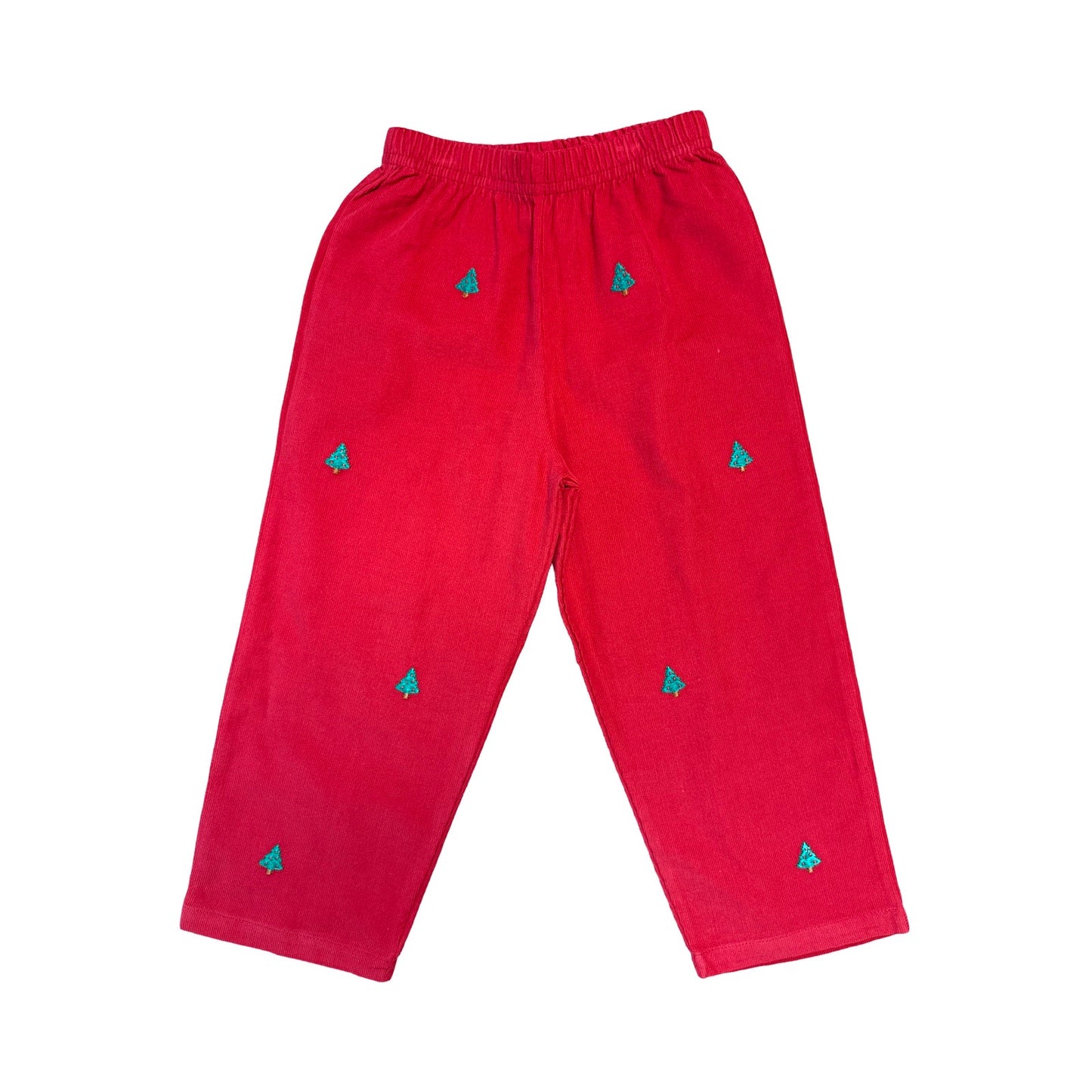 Boy's Christmas Tree Embroidered Red Corduroy Pants