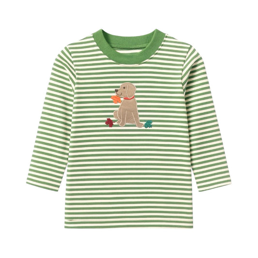 Long Sleeve Applique Striped T-Shirt, Dog & Leaves