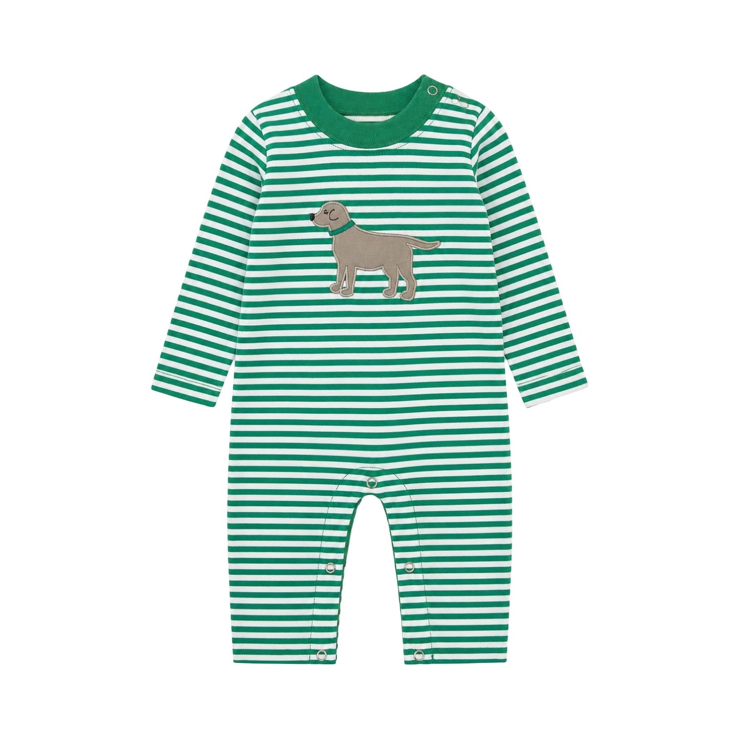 Long Sleeve Striped Applique Romper, Standing Dog
