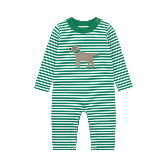 Long Sleeve Striped Applique Romper, Standing Dog