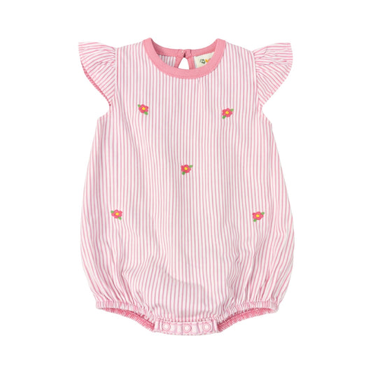 Girl's Pink Seersucker Bubble with Embroidered Flowers