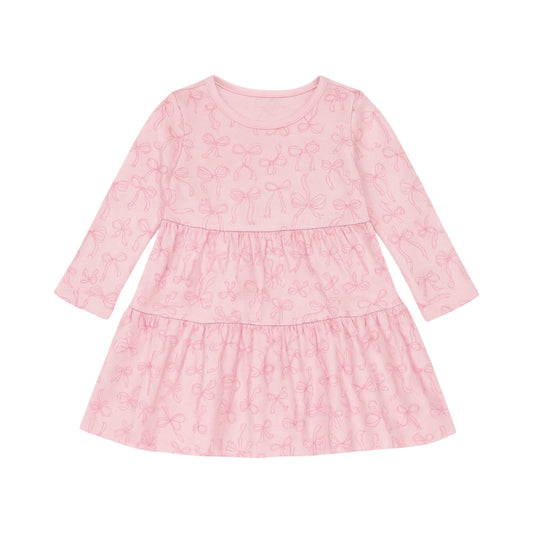 Long Sleeve Printed Tiered Dress, New Pink Bows