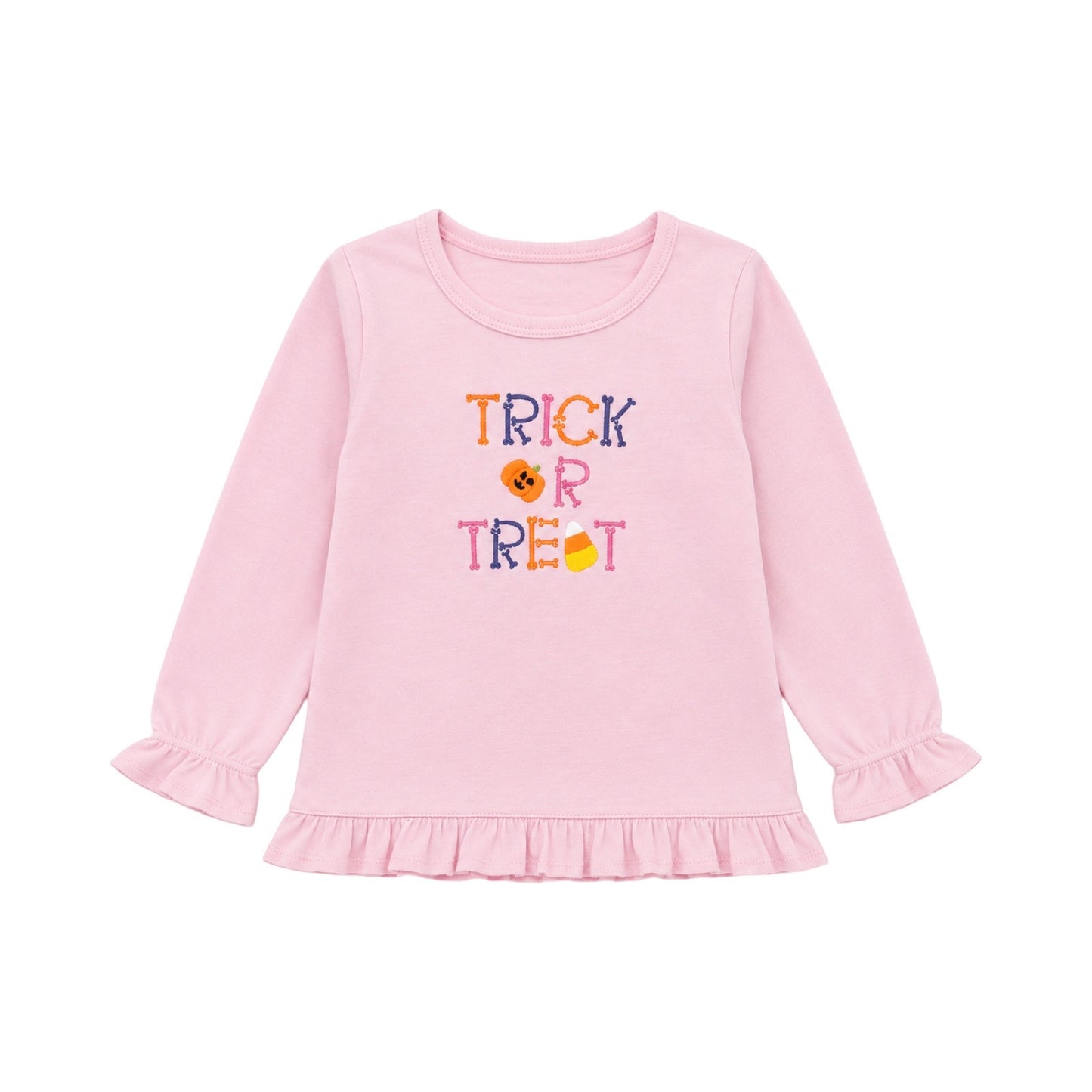 Applique Long Sleeve Ruffle T-Shirt, Trick or Treat