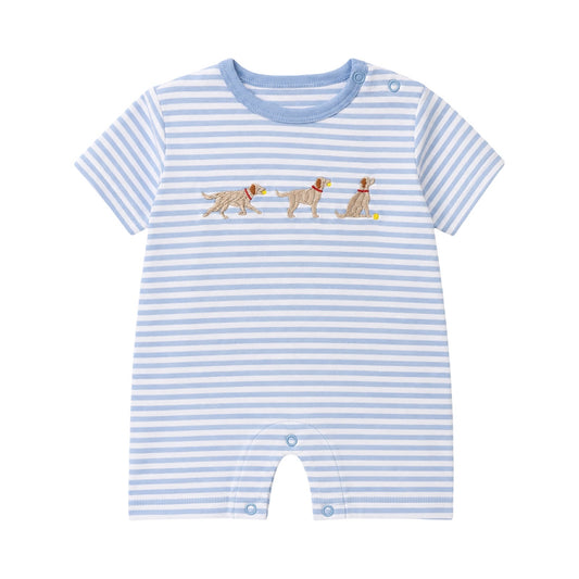 Striped Applique Romper, 3 Dogs