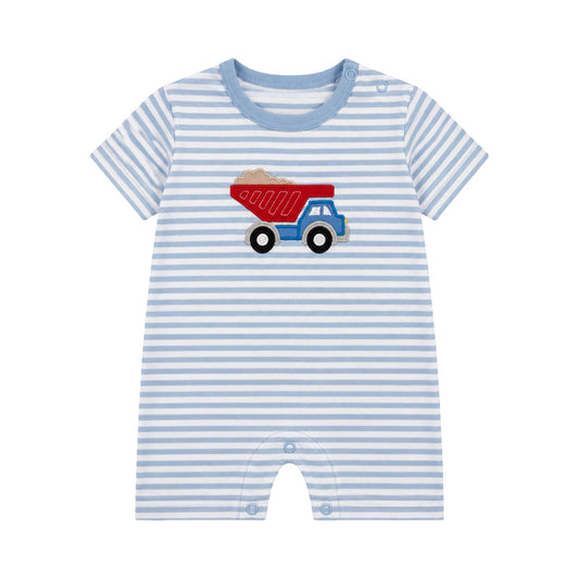 Striped Applique Romper, Dumptruck