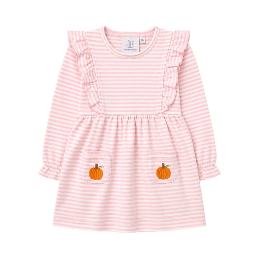 Long Sleeve Ruffle Striped Dress, Pumpkin