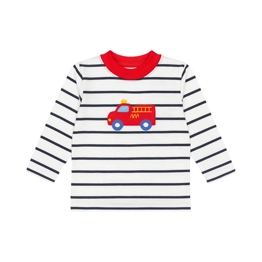 Long Sleeve Applique Striped T-Shirt, Firetruck