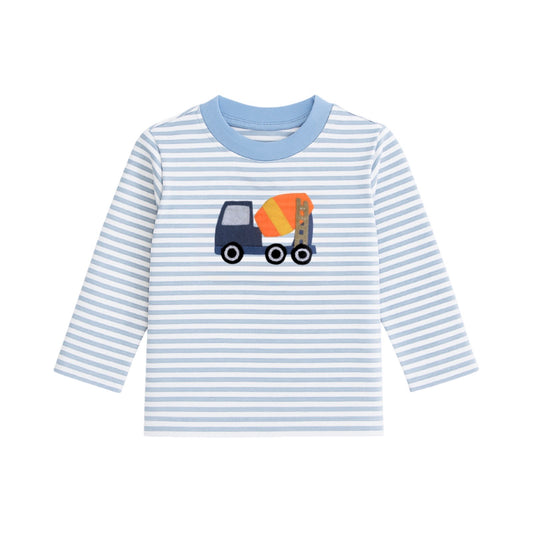 Long Sleeve Applique Striped T-Shirt, Cement Truck