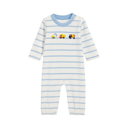 Long Sleeve Striped Embroidered Romper, Construction Trucks