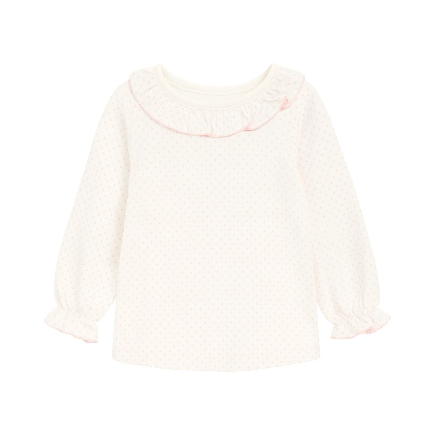 Long Sleeve Ruffled Neck Top, Polka Dot