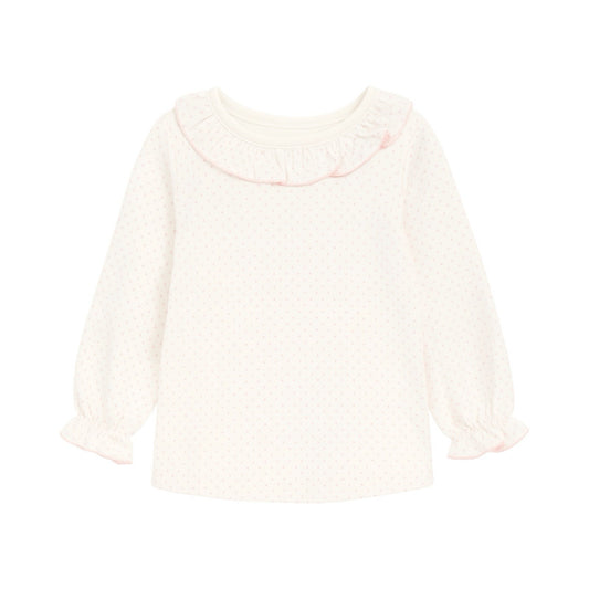 Long Sleeve Ruffled Neck Top, Polka Dot