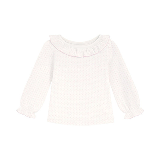 Long Sleeve Ruffled Neck Top, Polka Dot