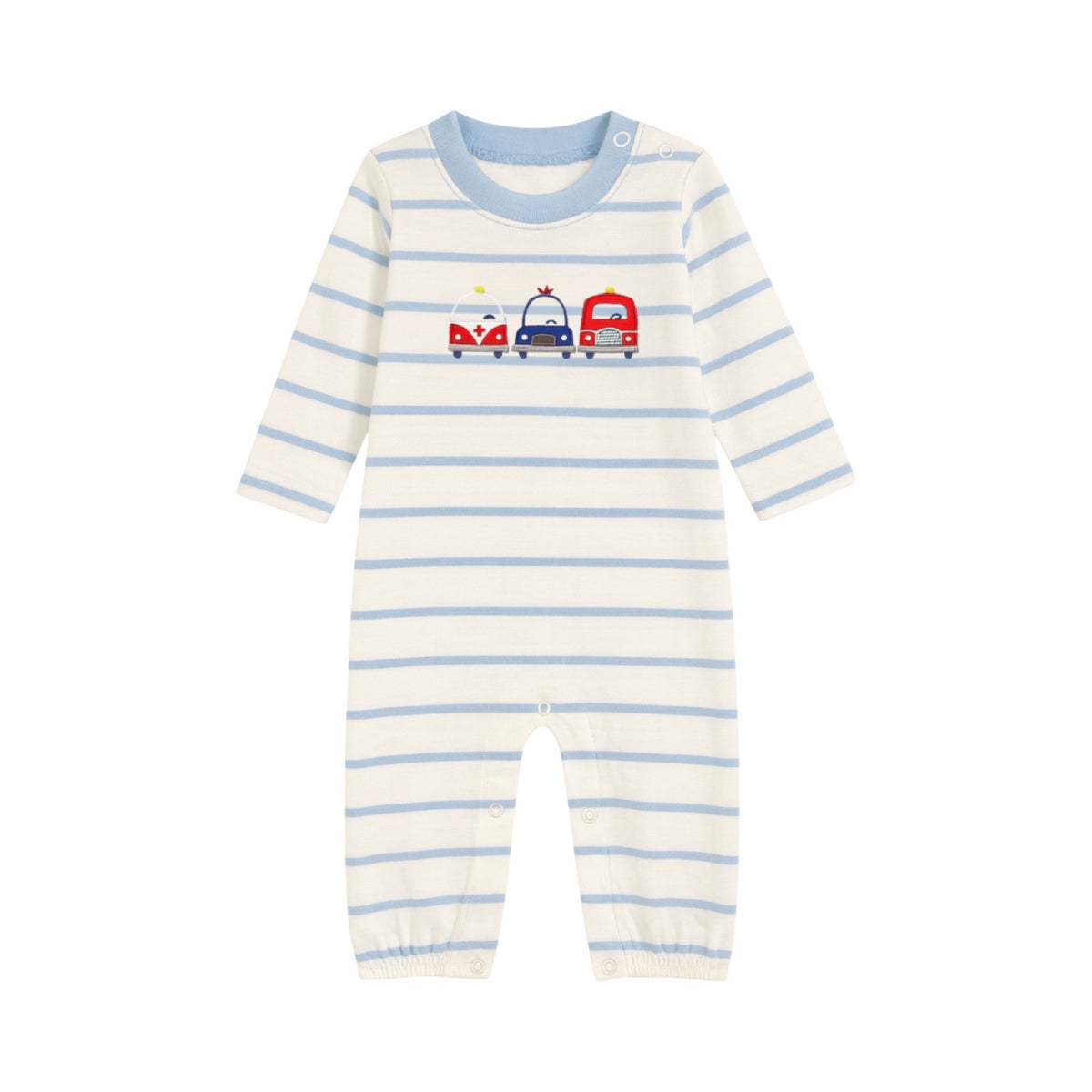 Long Sleeve Applique Striped Romper, Emergency Vehicles