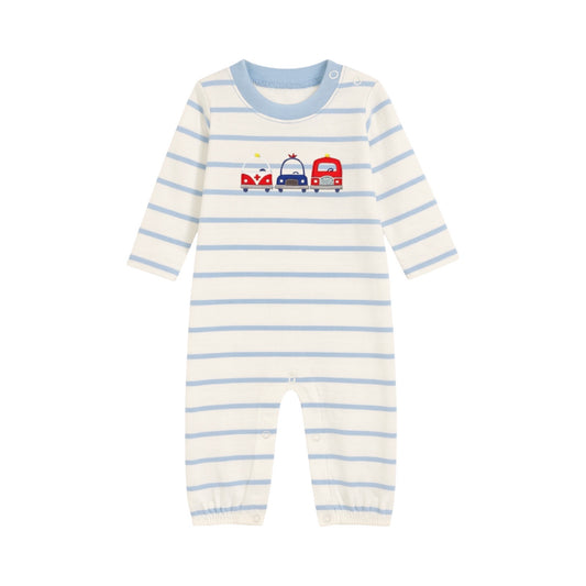 Long Sleeve Applique Striped Romper, Emergency Vehicles