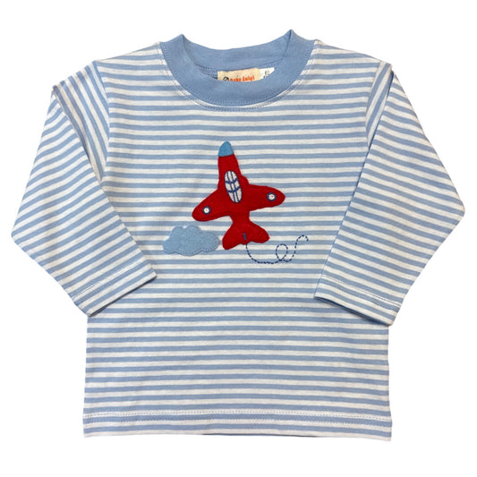 Boy's Long Sleeve Blue Stripe T-Shirt, Fighter Jet Applique