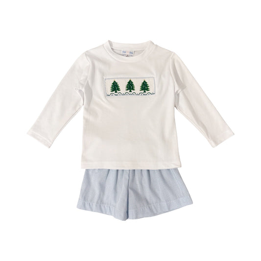 Long Sleeve Tom Smocked Short Set, Christmas Trees