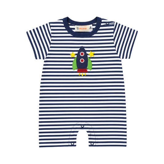 Short Sleeve Striped Applique Romper, Rocket