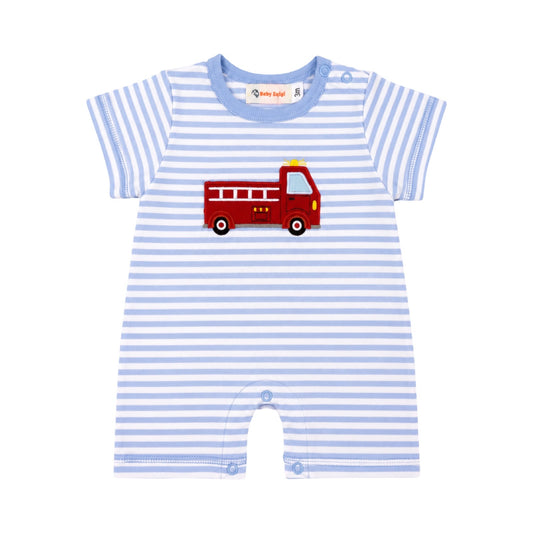 Short Sleeve Striped Applique Romper, Firetruck